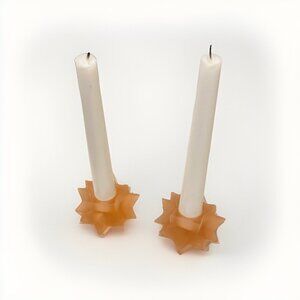 RARE Vintage Frosted Pink Glass Moravian Star Candle Holders Taper Candlesticks